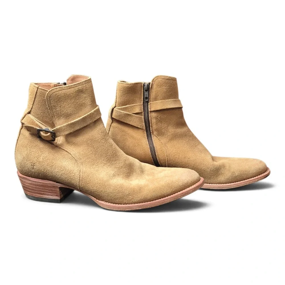 Frye Grady Jodhpur Mens 11.5 D Tan Suede Ankle Boots Buckle Strap Side Zip